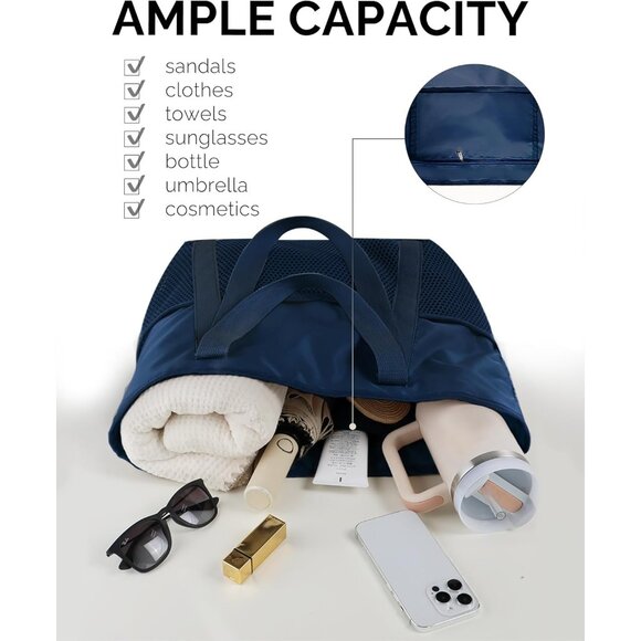 Women Navy Beach Bag Large Waterproof Sandproof Foldable Tote With Zipper Mesh - Picture 4 of 7